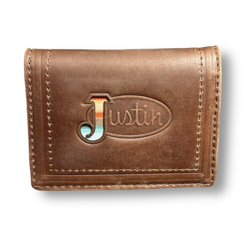 New Justin Brown Leather Card‎ Wallet RFID Bifold Logo Embossed Western Rodeo